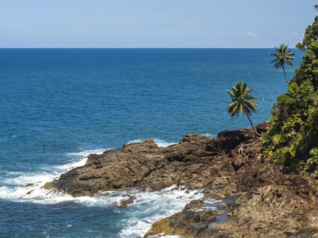 Costa de Itacaré com morros verdes, coqueirais e mar aberto na Bahia